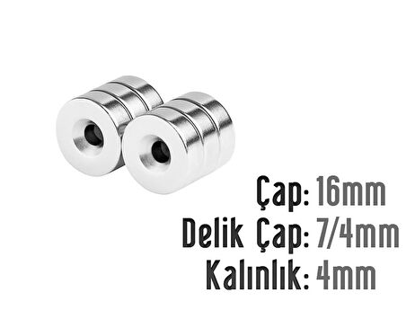 Neodyum Mıknatıs Yuvarlak Havşalı Çap 16mm (delik 7/4mm) Kalıklık 4mm 3 Adet