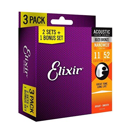 Elixir 11-52 Nanoweb Bronze Ekonomik 3'lü Set Akustik Gitar Teli (16538)