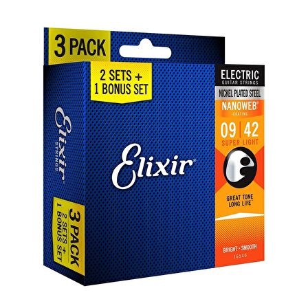 Elixir 09-42 Nanoweb Ekonomik 3'lü Set Elektro Gitar Teli (16540)