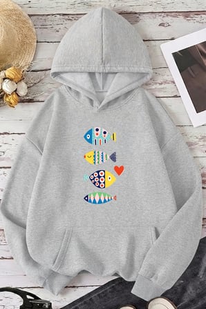 Unisex Balık Baskılı Oversize Hoodie Kapüşonlu Sweatshirt