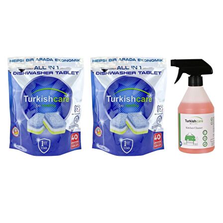 Turkishcare Bulaşık Makinesi Tableti 40 lı x 2 Ad + Mutfak Temizleme Spreyi  500 ml