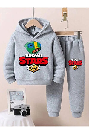 Brawl Stars Gri Kapşonlu Çocuk Baskılı Eşofman Takımı Unisex