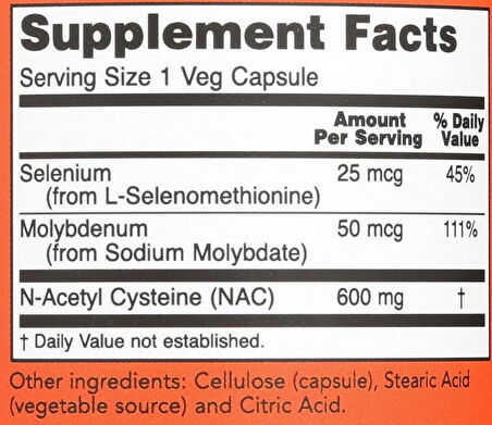 NOW NAC 600 MG MAINTAINS CELLULAR HEALTH WITH SELENIUM 100 CAPSULES