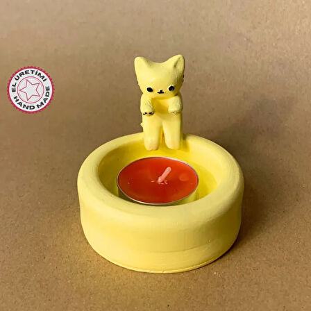 Uretti - Pınar 6606 - El Yapımı Sevimli Isınan Sarı Kedi Dekoratif Mumluk - 7 x 7 cm