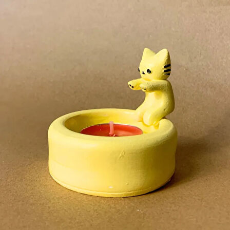 Uretti - Pınar 6606 - El Yapımı Sevimli Isınan Sarı Kedi Dekoratif Mumluk - 7 x 7 cm