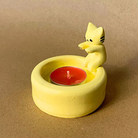 Uretti - Pınar 6606 - El Yapımı Sevimli Isınan Sarı Kedi Dekoratif Mumluk - 7 x 7 cm