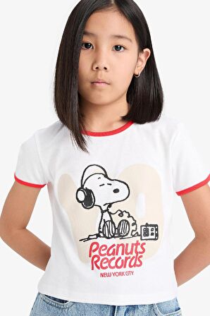 Kız Çocuk Snoopy Crop Bisiklet Yaka Kaşkorse Kısa Kollu Tişört