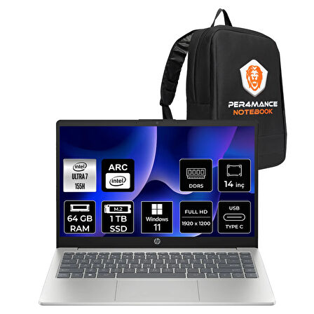HP 14 Intel Core Ultra 7 155H 64GB DDR5 1TB SSD 14" FHD W11P Dizüstü Bilgisayar & ÇANTA