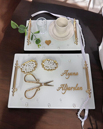 Bonding Gold Beyaz İncili Söz Tepsisi Nişan Tepsisi ve Damat Kahve Fincan Tepsisi