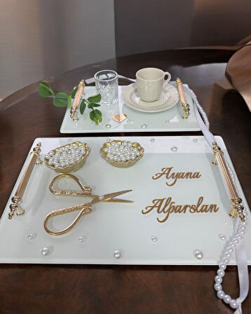 Bonding Gold Beyaz İncili Söz Tepsisi Nişan Tepsisi ve Damat Kahve Fincan Tepsisi