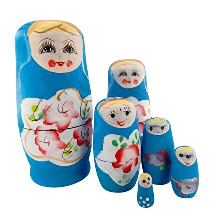 Ahşap Matruşka Bebek 6 lı Set Mavi