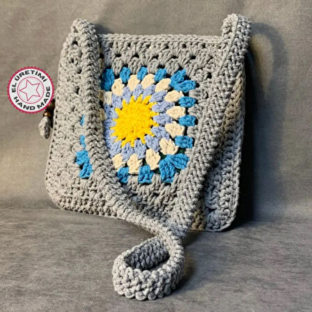 Uretti - Emine 9106 - El Örgüsü Mandala Model Kadın Çapraz Çanta - Gri