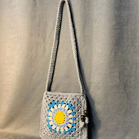 Uretti - Emine 9106 - El Örgüsü Mandala Model Kadın Çapraz Çanta - Gri