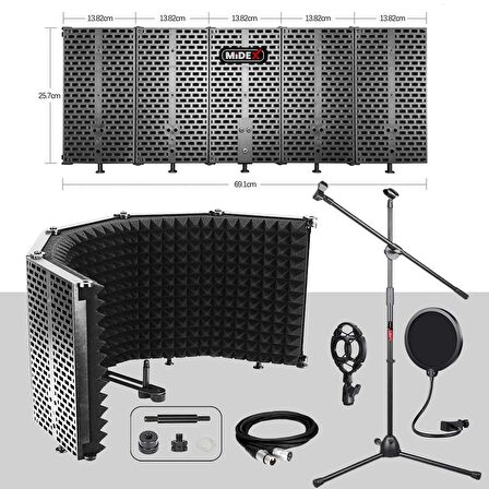 Midex PF-43X Set Mikrofon Ses Yalıtım Paneli (69x26cm) Stand Filtre Shock Mount XLR Kablo Sünger