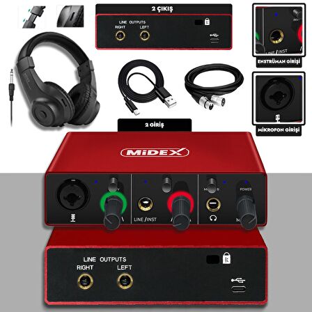 Midex GLX-500 PRO-HD 2 Giriş 2 Çıkış USB Stüdyo Ses Kartı Kulaklık ve XLR Kablo