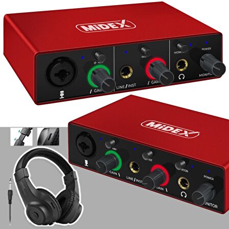 Midex GLX-500 PRO-HD 2 Giriş 2 Çıkış USB Stüdyo Ses Kartı Kulaklık ve XLR Kablo