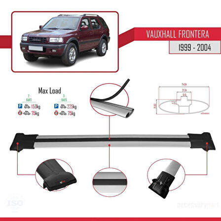 Vauxhall Frontera 2 1999-2004 Arası ile Uyumlu FLY Model Ara Atkı Tavan Barı Gri 2 Adet