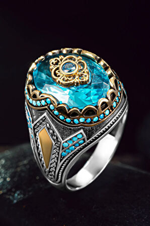 Erkek Gümüş Yüzük - Akuamarine Mavi Zirkon Taşlı 925 Ayar Erkek Yüzük