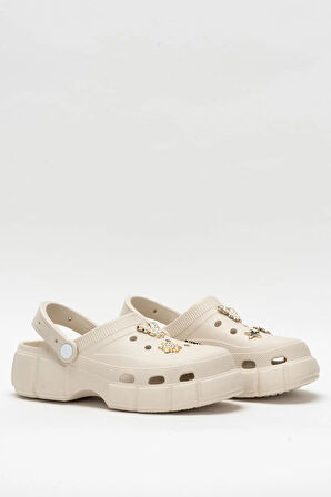 Yüksek Taban Taşlı Rahat Comfort Kadın Sandalet BEJ