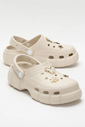 Yüksek Taban Taşlı Rahat Comfort Kadın Sandalet BEJ