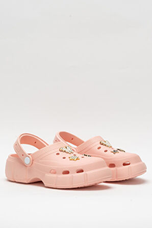 Yüksek Taban Taşlı Rahat Comfort Kadın Sandalet PUDRA