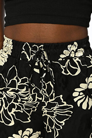 KADIN RAHAT KALIP BELİ LASTİKLİ ÇİÇEK DESENLİ JAKARLI PANTOLON