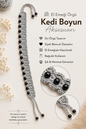 El Örgüsü Kedi Boyun Aksesuarı Gri Siyah Boncuklu Bağcıklı El Yapımı Dekoratif Kedi Tasması