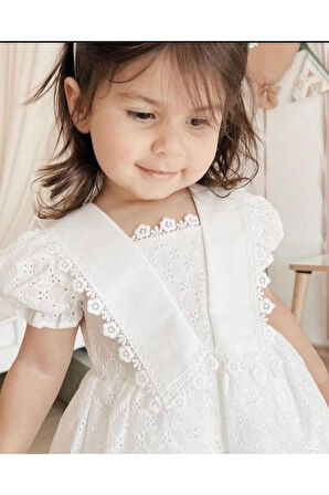Kız Çocuk Beyaz Yaka Dantel Detaylı Sırt Baglamalı Kısa Kollu Bayramlık ve Özel Gün Elbise