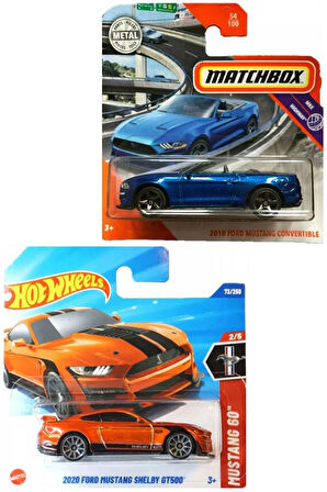 2 Araç Mustang Set - Hot Wheels 2020 Ford Mustang Shelby GT500 & Matchbox 2018 Ford Mustang Convertible (1/64)