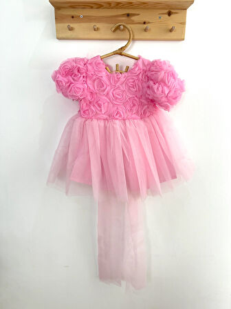 Kız Bebek Pembe Elbise Kısa Kollu Fiyonklu Doğum Günü Parti Düğün Özel Gün Tüllü Astarlı Prenses Parti Elbise 