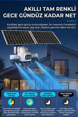 3 Kamera Hareketli 4G Kamera, 4 Kameralı, 2 Solar Panelli, 59wh Yüksek Batarya, Alarm , İnsan Algıla