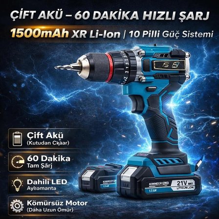 Çift Akülü Darbeli Şarjlı Matkap – Kömürsüz Motor & Çelik Mandren – Kablosuz Delme ve Vidalama Aleti Kimmeer Plus 21V