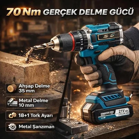 Çift Akülü Darbeli Şarjlı Matkap – Kömürsüz Motor & Çelik Mandren – Kablosuz Delme ve Vidalama Aleti Kimmeer Plus 21V
