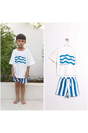 La'ciel Paris Çizgili Mavi T-shirt ve Şort Takım