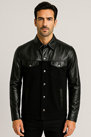Erkek Gömlek Suni Deri ve Triko Karışımlı (Overshirt) Siyah 7348