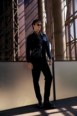 Erkek Gömlek Suni Deri ve Triko Karışımlı (Overshirt) Siyah 7348