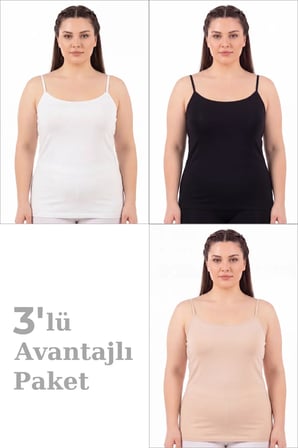 Premium Rahat Günlük Esnek Kumaş Kadın Büyük Beden İp Askılı Atlet 3'lü Paket