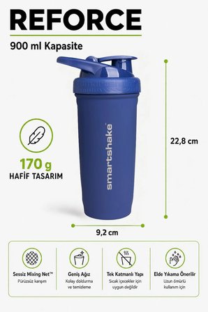 Smartshake Reforce Paslanmaz Çelik Serisi 900 ml Navy Mavi Protein Shaker