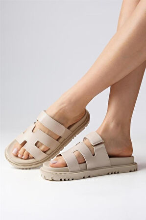 Düz Tabanlı Cırtlı Yazlık Günlük Terlik BEJ