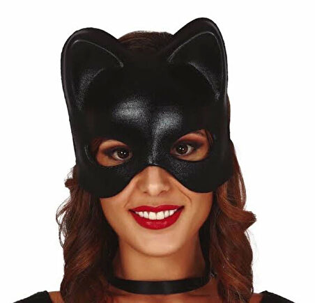 Siyah Deri Görünümlü Kedi Maskesi – Cosplay  Maskeli Balo