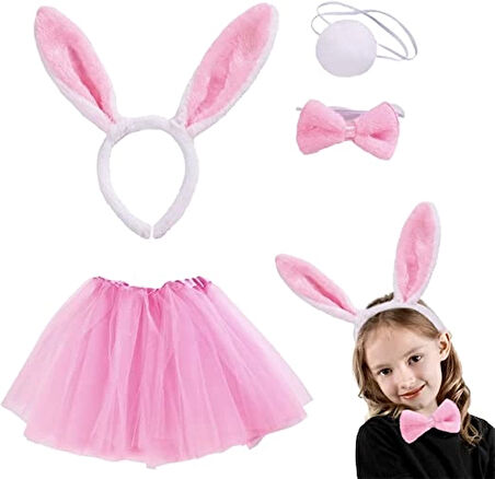 Pembe Tavşan Tacı Etek Papyon Kuyruk Kostüm Seti Çocuk Boy