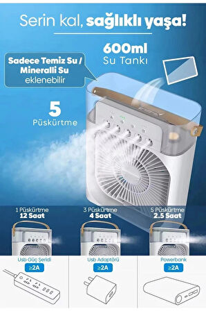 Taşınabilir Işıklı 5 Spreyli Vantilatör Buzlu Buharlı Vantilatör Mini Fan Nemlendirici