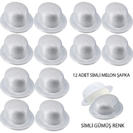 Gümüş Renk Simli Melon Yulak Parti Şapkası 12 Adet