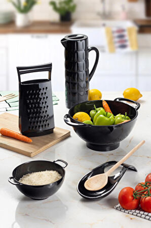 Akrilik Siyah 5 Parça Sürahi & Rende & Süzgeç & Mini Süzgeç & Kaşıklık & Mutfak Çeyiz Seti