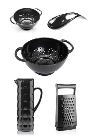 Akrilik Siyah 5 Parça Sürahi & Rende & Süzgeç & Mini Süzgeç & Kaşıklık & Mutfak Çeyiz Seti