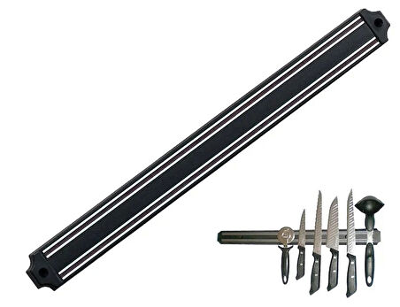 Mutfak Duvarına Monte Mıknatıslı Geniş Bıçak Tutucu Stand - 55 Cm - Siyah - Paslanmaz Çelik