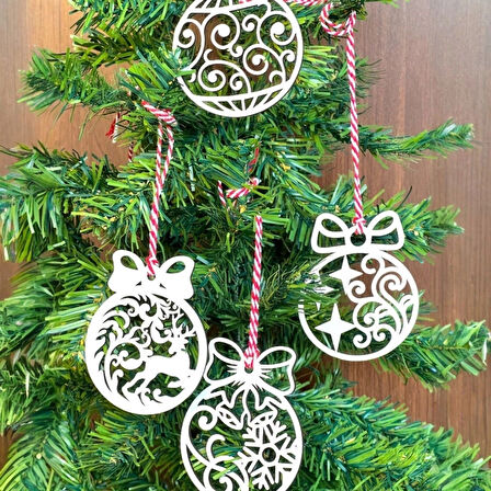 10 Parça Kırmızı Beyaz İpli Fiyonk Model Ahşap Yılbaşı Ağaç Süsü