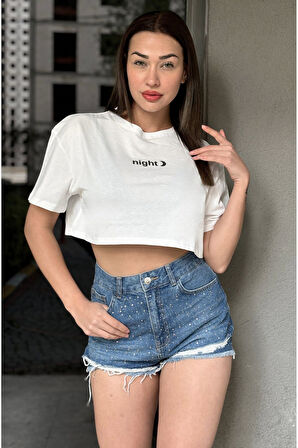 Kadın Bisiklet Yaka Baskılı Oversize Crop T-shirt