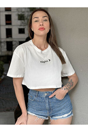 Kadın Bisiklet Yaka Baskılı Oversize Crop T-shirt