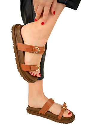 Çift Bantlı Tokalı Kadın Terlik TABA